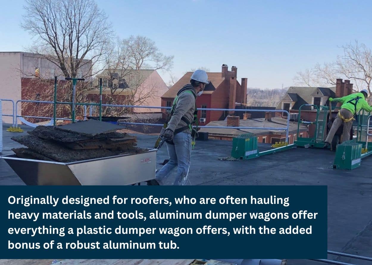 Worker pulling an aluminum wagon loaded with roofing debris on a job site.