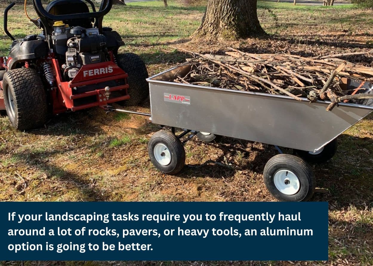 Aluminum yard wagon attached to a mower carrying branches and yard debris.