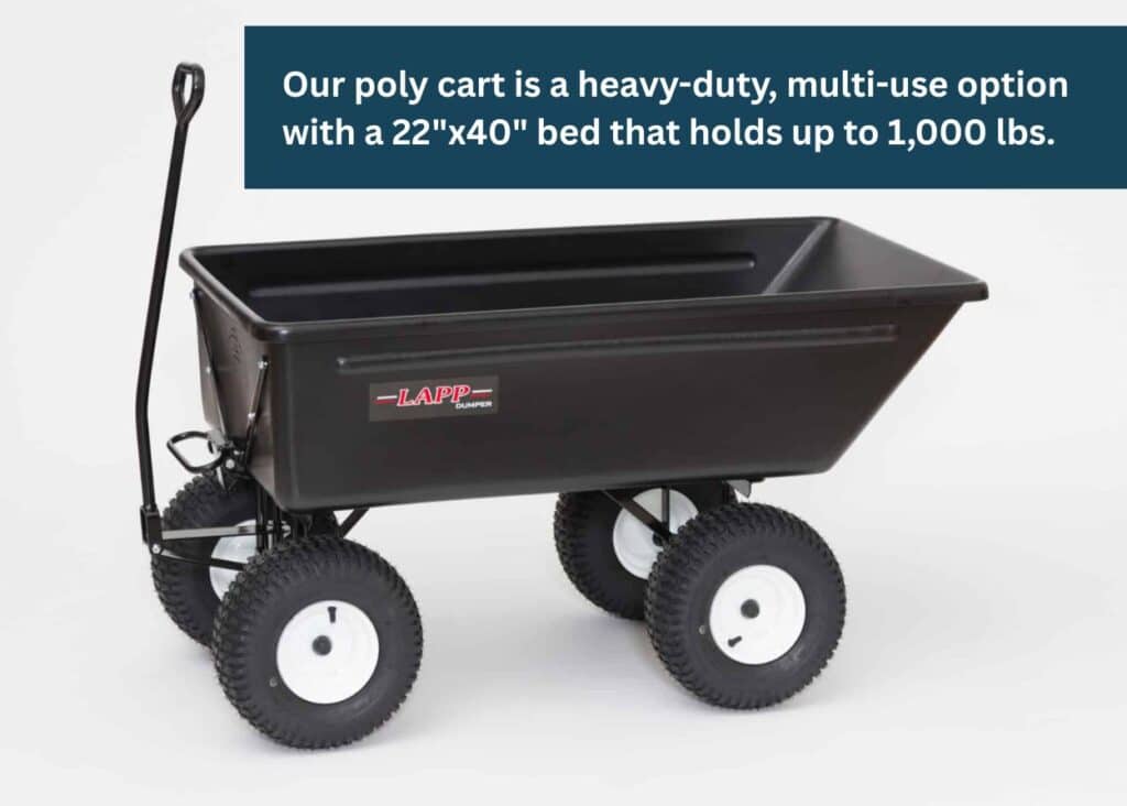 Heavy-duty poly dump cart with pneumatic tires and 1,000-pound capacity for hauling firewood, mulch, gravel, and other heavy materials.