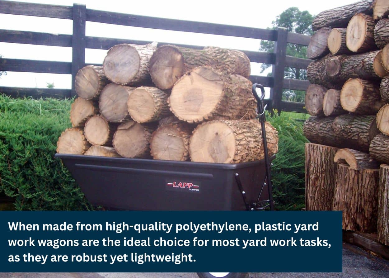 Yard wagon loaded with cut firewood logs beside a stacked woodpile.