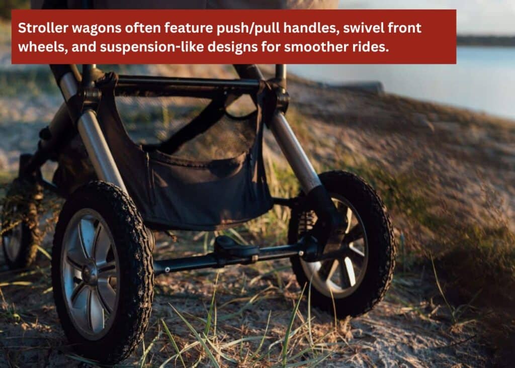 Close-up of a stroller wagon’s large rubber wheels designed for smoother rides on sand and uneven outdoor terrain. Caption: Stroller wagons often feature push/pull handles, swivel front wheels, and suspension-like designs for smoother rides.